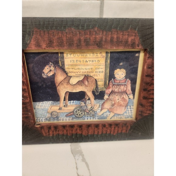 Lot Of 2 Vintage Primitive Country Farmhouse Wood Framed Prints Sheep Horse Doll - Picture 4 of 11